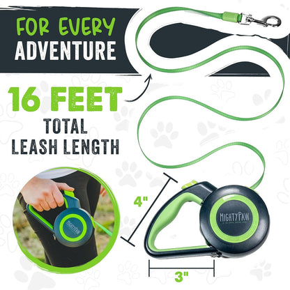 Mighty Paw Retractable Dog Leash 2.0 – 16ft Reflective Nylon for Dogs up to 50 lbs (Green) - Paw Fit Gears