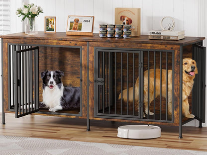 78" XXL Dog Crate Furniture for 2 Large Dogs – Double Kennel with Divider, Wooden TV Stand Style Dog Cage with Doors & Storage (Rustic Brown) - Paw Fit Gears