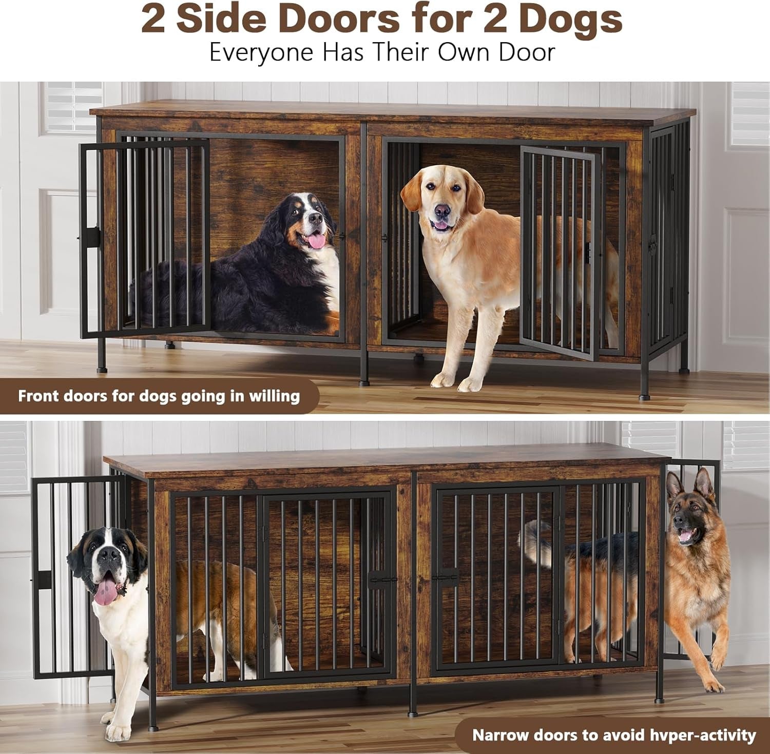 78" XXL Dog Crate Furniture for 2 Large Dogs – Double Kennel with Divider, Wooden TV Stand Style Dog Cage with Doors & Storage (Rustic Brown) - Paw Fit Gears