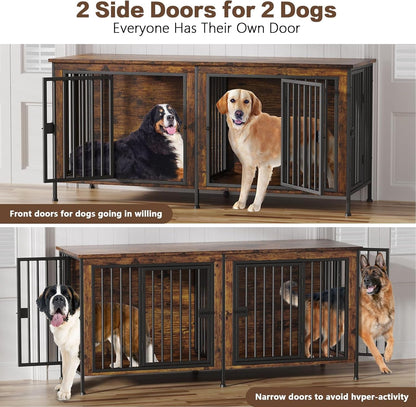 78" XXL Dog Crate Furniture for 2 Large Dogs – Double Kennel with Divider, Wooden TV Stand Style Dog Cage with Doors & Storage (Rustic Brown) - Paw Fit Gears