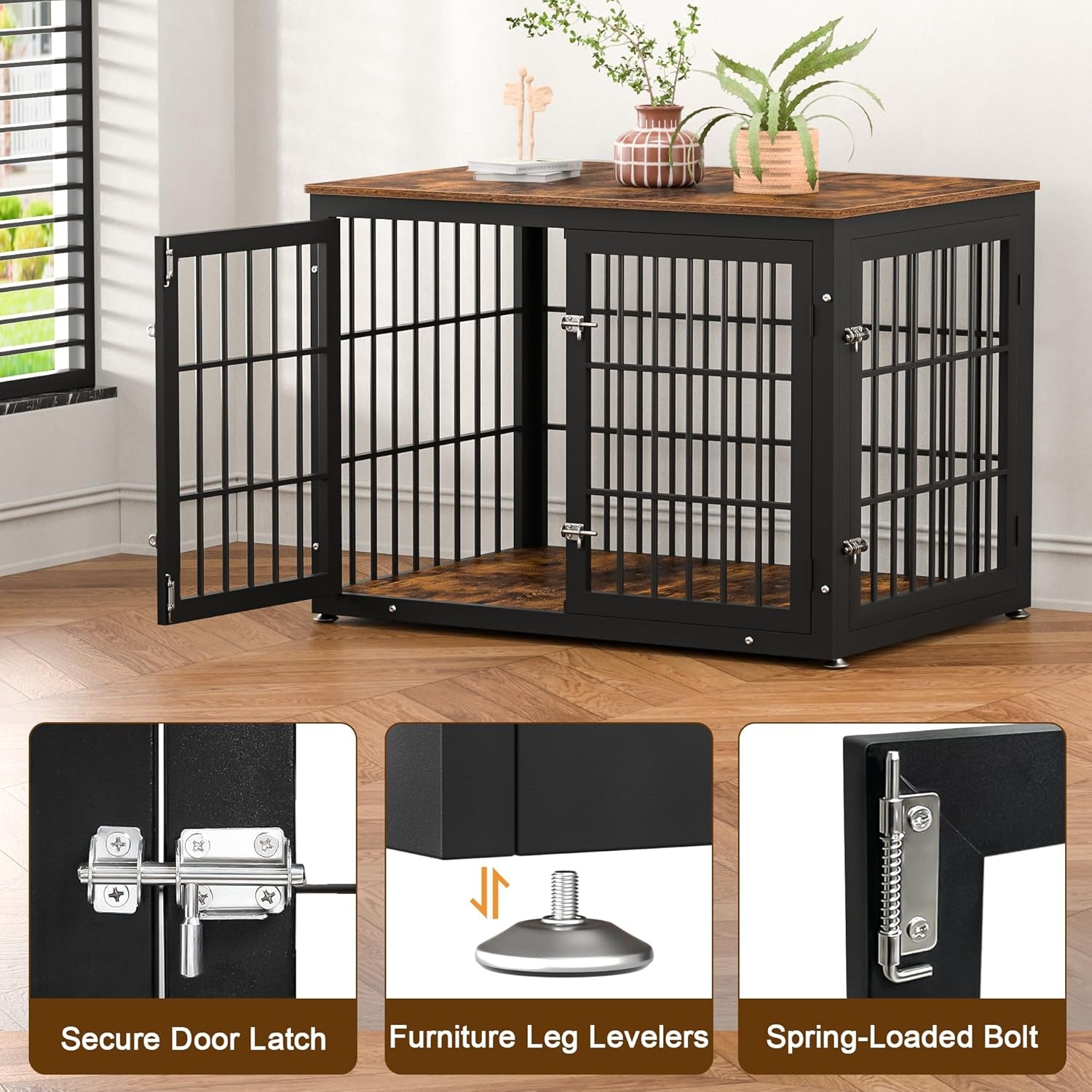 Rustic Dog Crate Furniture – Heavy Duty Wooden Kennel & End Table for Large/Medium Dogs (42" Brown) - Paw Fit Gears