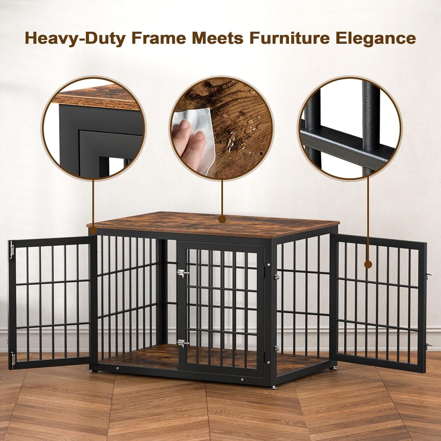 Rustic Dog Crate Furniture – Heavy Duty Wooden Kennel & End Table for Large/Medium Dogs (42" Brown) - Paw Fit Gears